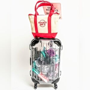 Nwt Trader Joe's Micro Zip Red Tote + Clear Glitter Rolling Suitcase Luggage Set